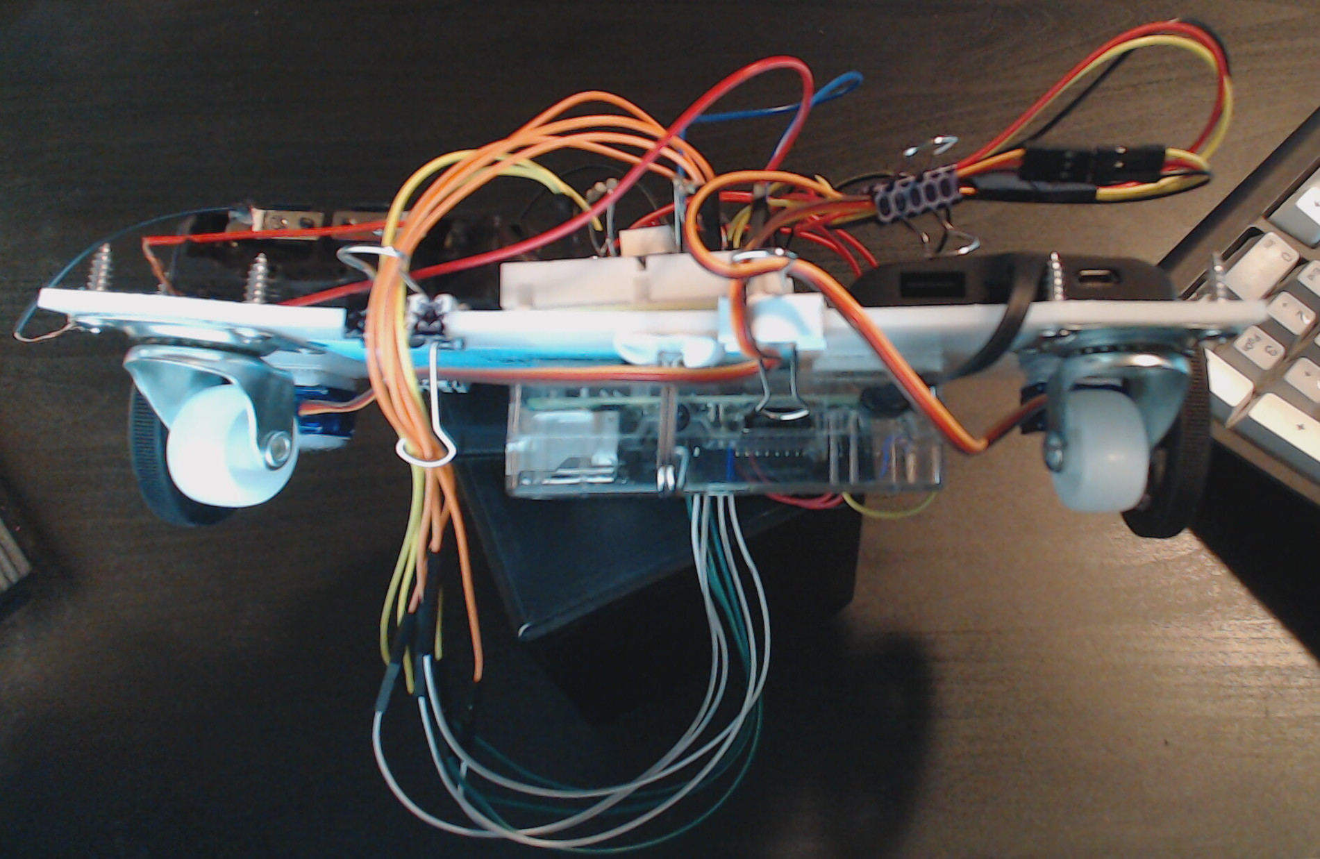 A seven-segment display attached to a Raspberry Pi robot (side/bottom view).