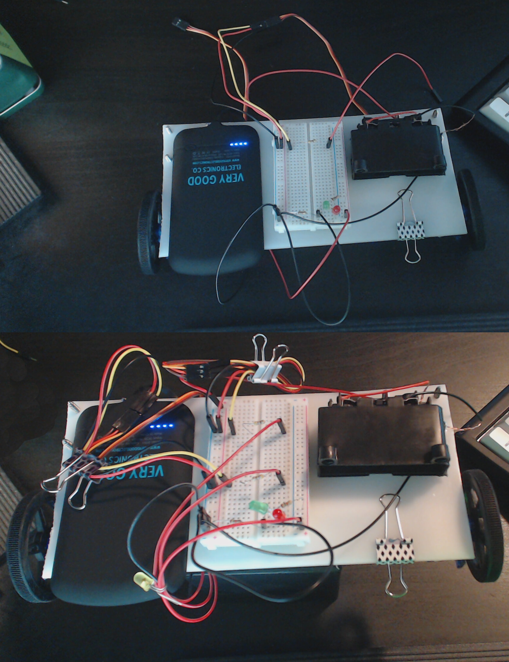The final wiring to connect two servos into circuits connected to a Raspberry Pi via GPIO pins